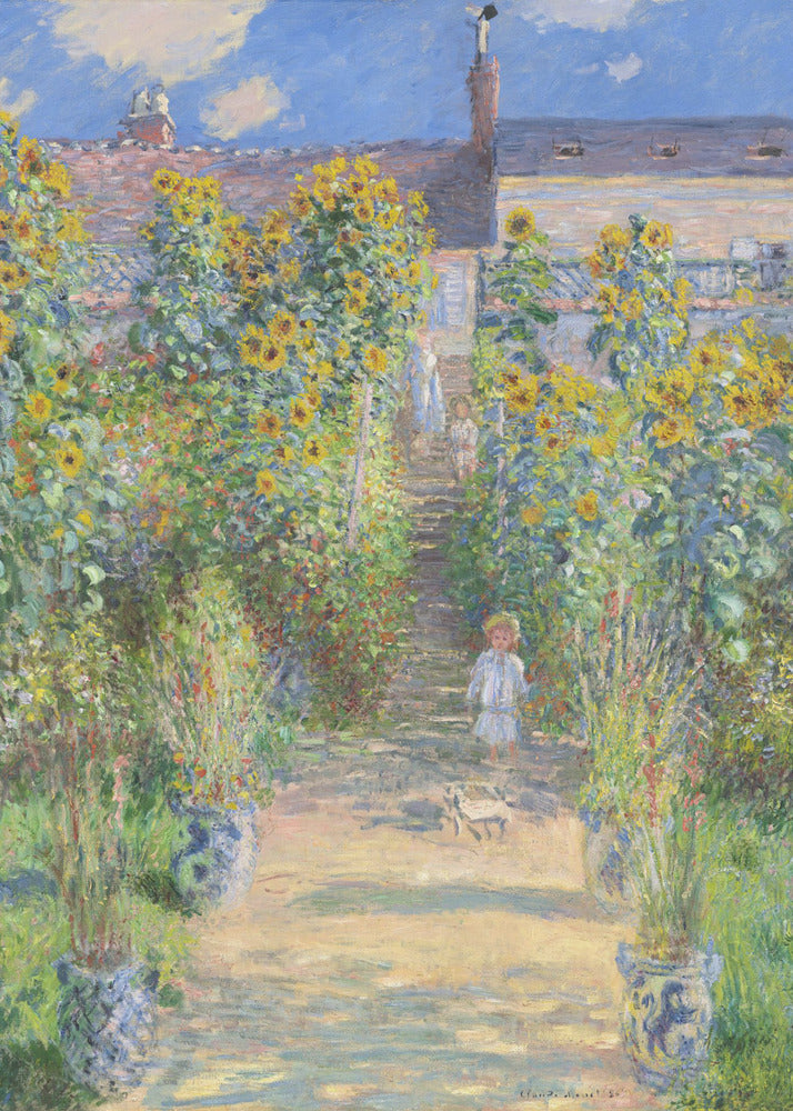 An Impressionist painting by Claude Monet titled 'The Artist's Garden at Vétheuil'. It depicts a sunny, lush garden path lined with tall, blooming sunflowers leading up to a house. A young child in a light-colored dress and straw hat stands in the foreground on the path. Artwork
