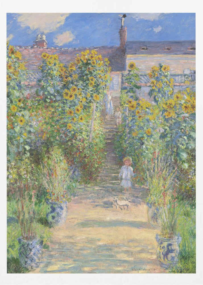 An Impressionist painting by Claude Monet titled 'The Artist's Garden at Vétheuil'. It depicts a sunny, lush garden path lined with tall, blooming sunflowers leading up to a house. A young child in a light-colored dress and straw hat stands in the foreground on the path. Artwork