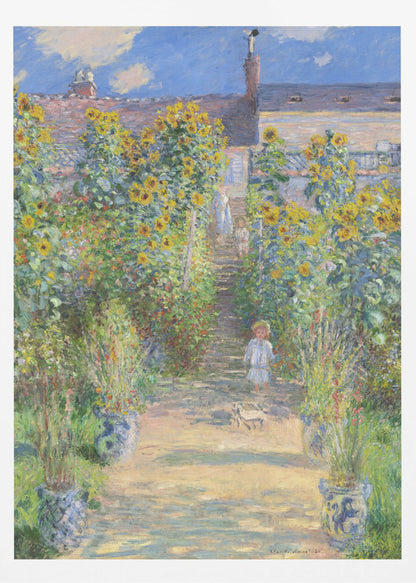 An Impressionist painting by Claude Monet titled 'The Artist's Garden at Vétheuil'. It depicts a sunny, lush garden path lined with tall, blooming sunflowers leading up to a house. A young child in a light-colored dress and straw hat stands in the foreground on the path. Artwork