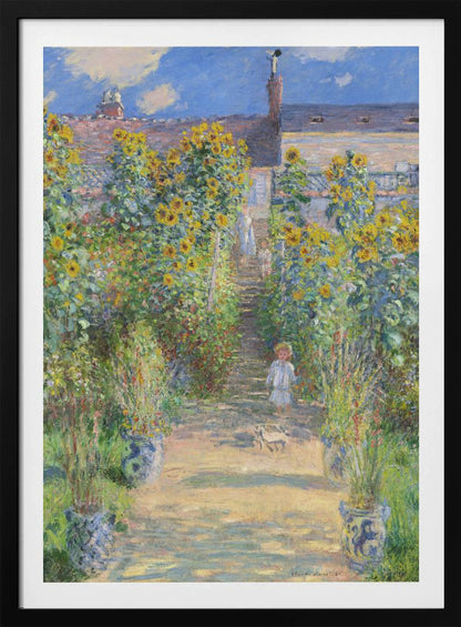 An Impressionist painting by Claude Monet titled 'The Artist's Garden at Vétheuil'. It depicts a sunny, lush garden path lined with tall, blooming sunflowers leading up to a house. A young child in a light-colored dress and straw hat stands in the foreground on the path. Artwork