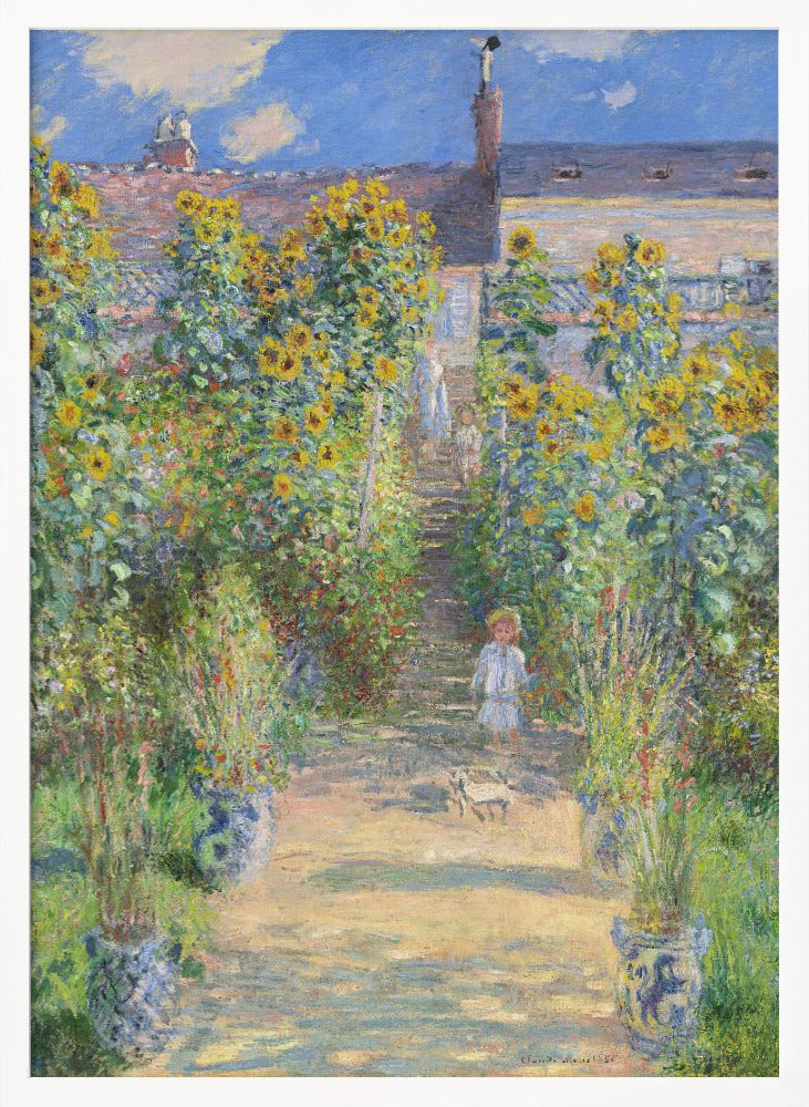 An Impressionist painting by Claude Monet titled 'The Artist's Garden at Vétheuil'. It depicts a sunny, lush garden path lined with tall, blooming sunflowers leading up to a house. A young child in a light-colored dress and straw hat stands in the foreground on the path. Artwork