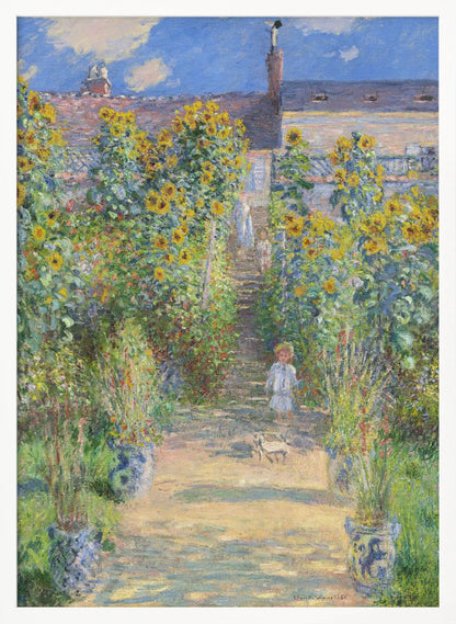An Impressionist painting by Claude Monet titled 'The Artist's Garden at Vétheuil'. It depicts a sunny, lush garden path lined with tall, blooming sunflowers leading up to a house. A young child in a light-colored dress and straw hat stands in the foreground on the path. Artwork