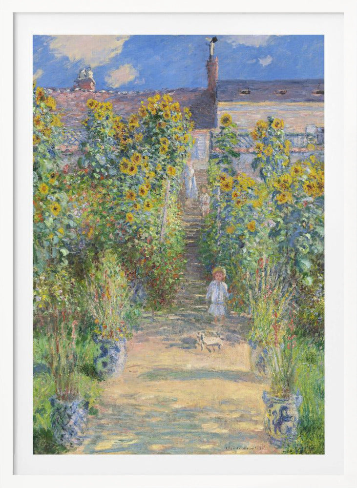An Impressionist painting by Claude Monet titled 'The Artist's Garden at Vétheuil'. It depicts a sunny, lush garden path lined with tall, blooming sunflowers leading up to a house. A young child in a light-colored dress and straw hat stands in the foreground on the path. Artwork