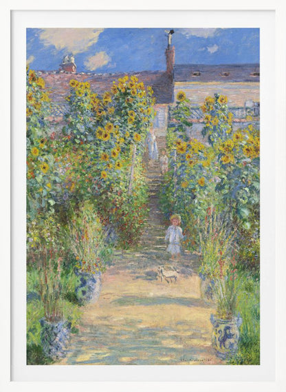 An Impressionist painting by Claude Monet titled 'The Artist's Garden at Vétheuil'. It depicts a sunny, lush garden path lined with tall, blooming sunflowers leading up to a house. A young child in a light-colored dress and straw hat stands in the foreground on the path. Artwork