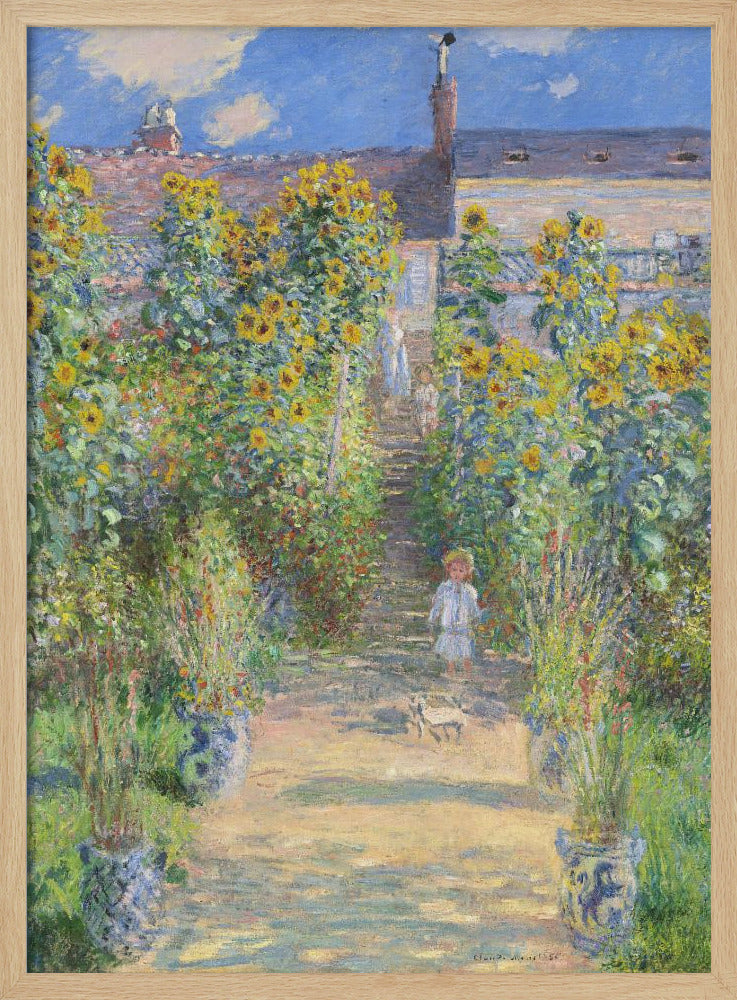 An Impressionist painting by Claude Monet titled 'The Artist's Garden at Vétheuil'. It depicts a sunny, lush garden path lined with tall, blooming sunflowers leading up to a house. A young child in a light-colored dress and straw hat stands in the foreground on the path. Artwork