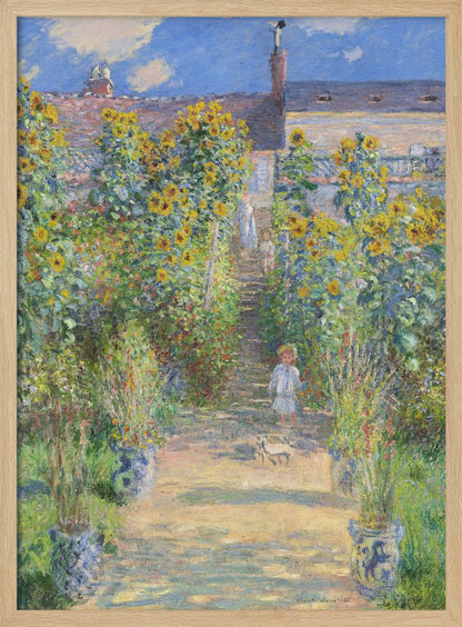An Impressionist painting by Claude Monet titled 'The Artist's Garden at Vétheuil'. It depicts a sunny, lush garden path lined with tall, blooming sunflowers leading up to a house. A young child in a light-colored dress and straw hat stands in the foreground on the path. Artwork