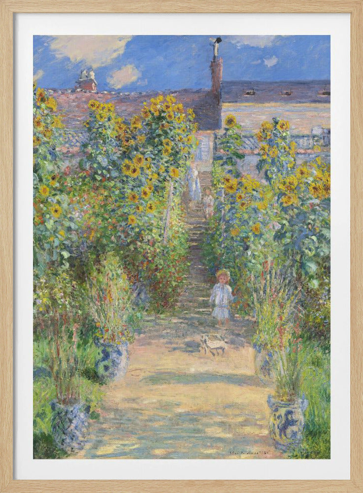 An Impressionist painting by Claude Monet titled 'The Artist's Garden at Vétheuil'. It depicts a sunny, lush garden path lined with tall, blooming sunflowers leading up to a house. A young child in a light-colored dress and straw hat stands in the foreground on the path. Artwork