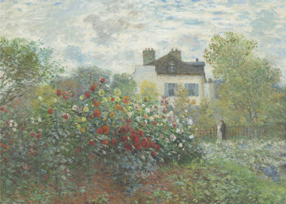 An Impressionist painting of a vibrant garden overflowing with red, yellow, and white flowers in the foreground. Behind the lush foliage, a light-colored house with a dark roof and blue shutters is visible under a pale blue sky with soft white clouds. Print