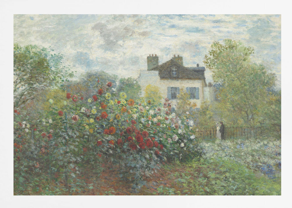 An Impressionist painting of a vibrant garden overflowing with red, yellow, and white flowers in the foreground. Behind the lush foliage, a light-colored house with a dark roof and blue shutters is visible under a pale blue sky with soft white clouds. Print