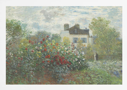 An Impressionist painting of a vibrant garden overflowing with red, yellow, and white flowers in the foreground. Behind the lush foliage, a light-colored house with a dark roof and blue shutters is visible under a pale blue sky with soft white clouds. Print