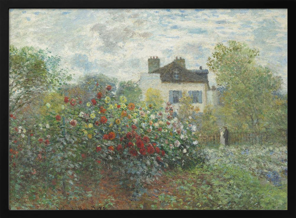An Impressionist painting of a vibrant garden overflowing with red, yellow, and white flowers in the foreground. Behind the lush foliage, a light-colored house with a dark roof and blue shutters is visible under a pale blue sky with soft white clouds. Print
