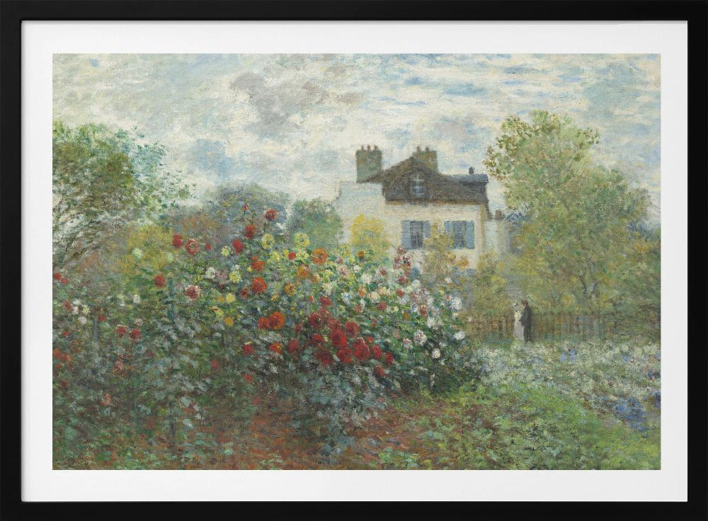 An Impressionist painting of a vibrant garden overflowing with red, yellow, and white flowers in the foreground. Behind the lush foliage, a light-colored house with a dark roof and blue shutters is visible under a pale blue sky with soft white clouds. Print