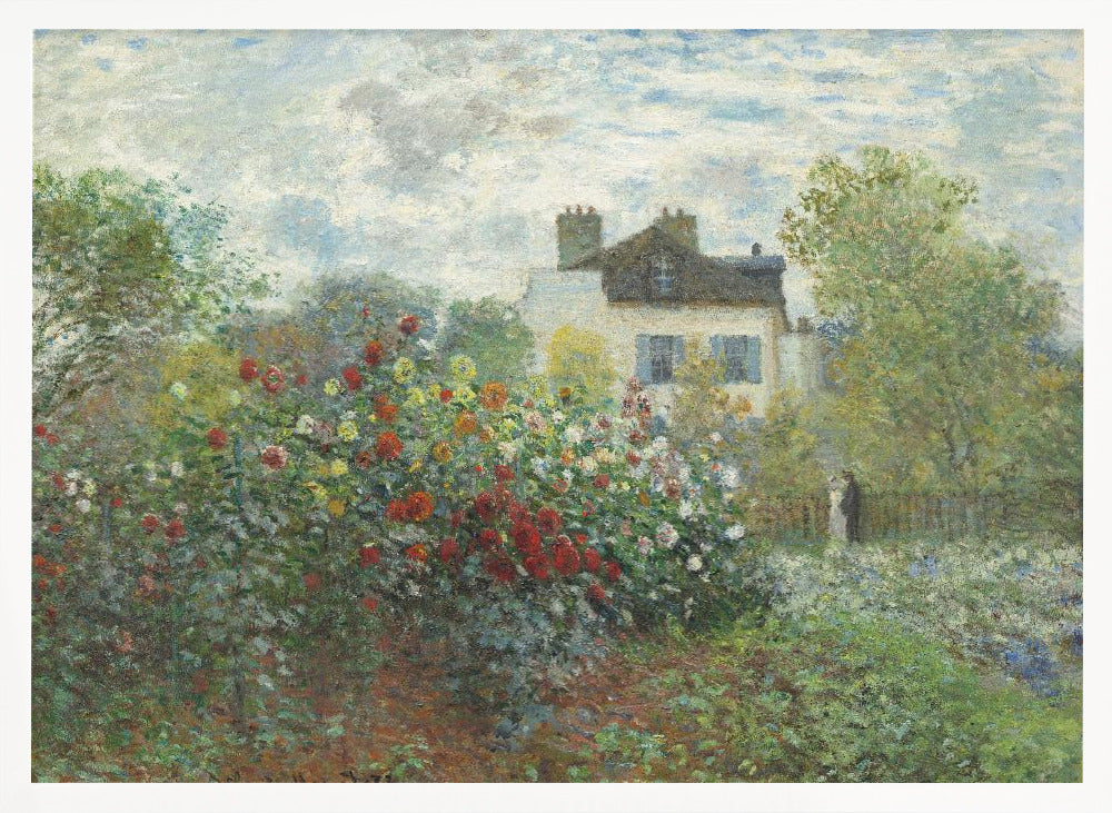 An Impressionist painting of a vibrant garden overflowing with red, yellow, and white flowers in the foreground. Behind the lush foliage, a light-colored house with a dark roof and blue shutters is visible under a pale blue sky with soft white clouds. Print