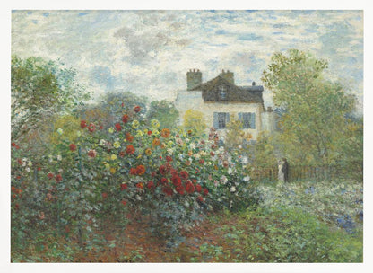 An Impressionist painting of a vibrant garden overflowing with red, yellow, and white flowers in the foreground. Behind the lush foliage, a light-colored house with a dark roof and blue shutters is visible under a pale blue sky with soft white clouds. Print