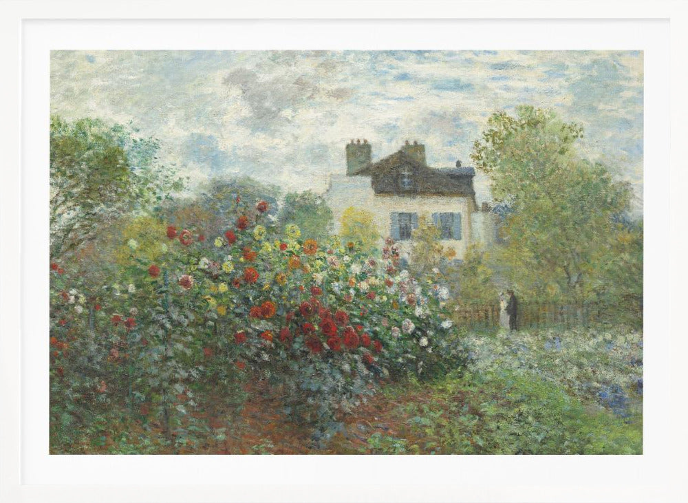 An Impressionist painting of a vibrant garden overflowing with red, yellow, and white flowers in the foreground. Behind the lush foliage, a light-colored house with a dark roof and blue shutters is visible under a pale blue sky with soft white clouds. Print