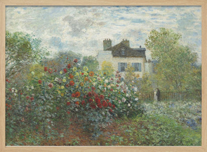 An Impressionist painting of a vibrant garden overflowing with red, yellow, and white flowers in the foreground. Behind the lush foliage, a light-colored house with a dark roof and blue shutters is visible under a pale blue sky with soft white clouds. Print
