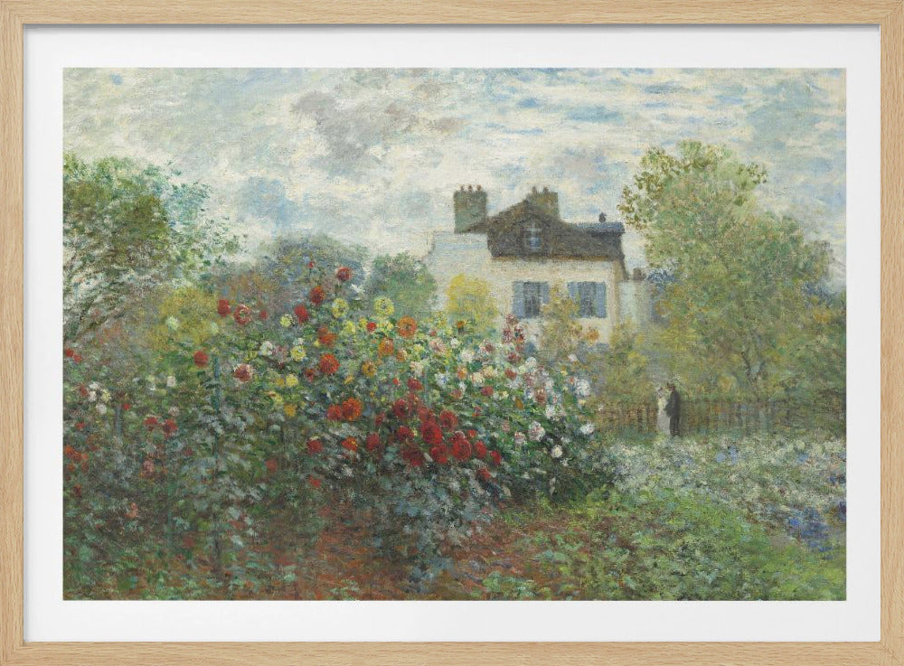 An Impressionist painting of a vibrant garden overflowing with red, yellow, and white flowers in the foreground. Behind the lush foliage, a light-colored house with a dark roof and blue shutters is visible under a pale blue sky with soft white clouds. Print