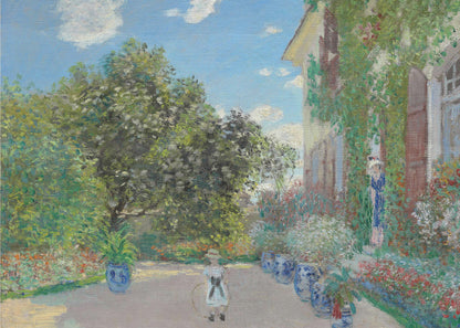 An Impressionist painting of a lush garden on a sunny day. A young girl with a hoop stands on a path lined with blue pots, leading to a vine-covered house where a woman stands in a doorway. Lush green trees and vibrant flowers fill the scene under a blue sky. Decor
