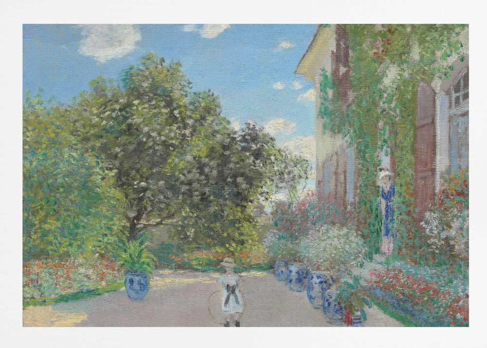 An Impressionist painting of a lush garden on a sunny day. A young girl with a hoop stands on a path lined with blue pots, leading to a vine-covered house where a woman stands in a doorway. Lush green trees and vibrant flowers fill the scene under a blue sky. Decor