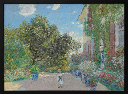 An Impressionist painting of a lush garden on a sunny day. A young girl with a hoop stands on a path lined with blue pots, leading to a vine-covered house where a woman stands in a doorway. Lush green trees and vibrant flowers fill the scene under a blue sky. Decor