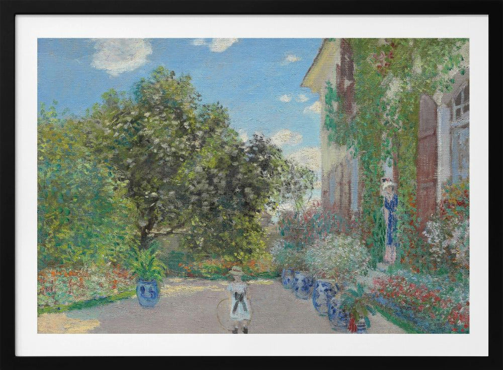 An Impressionist painting of a lush garden on a sunny day. A young girl with a hoop stands on a path lined with blue pots, leading to a vine-covered house where a woman stands in a doorway. Lush green trees and vibrant flowers fill the scene under a blue sky. Decor