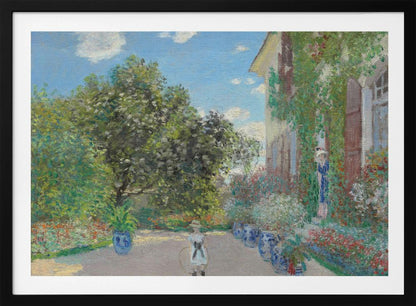 An Impressionist painting of a lush garden on a sunny day. A young girl with a hoop stands on a path lined with blue pots, leading to a vine-covered house where a woman stands in a doorway. Lush green trees and vibrant flowers fill the scene under a blue sky. Decor