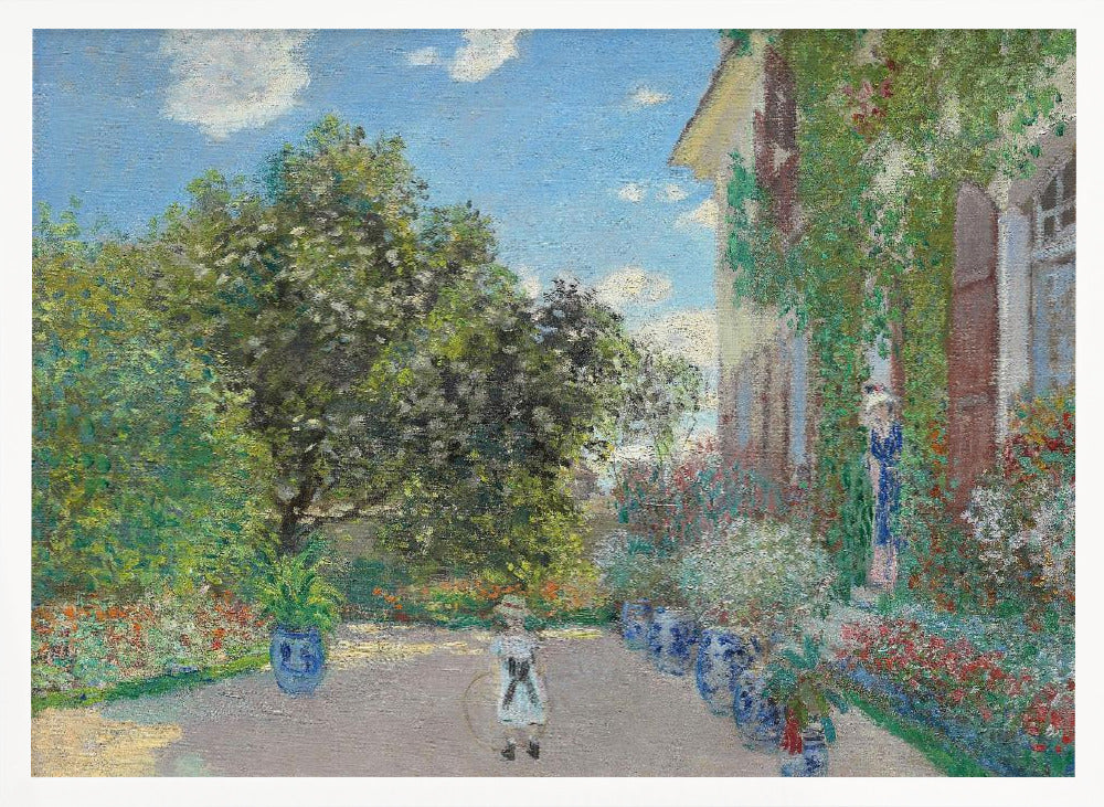 An Impressionist painting of a lush garden on a sunny day. A young girl with a hoop stands on a path lined with blue pots, leading to a vine-covered house where a woman stands in a doorway. Lush green trees and vibrant flowers fill the scene under a blue sky. Decor