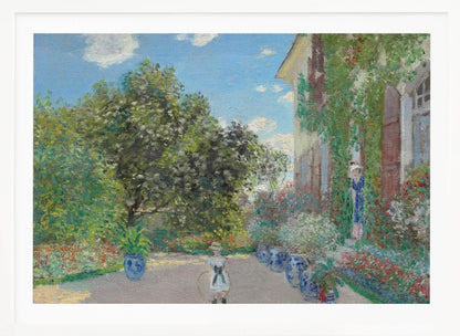 An Impressionist painting of a lush garden on a sunny day. A young girl with a hoop stands on a path lined with blue pots, leading to a vine-covered house where a woman stands in a doorway. Lush green trees and vibrant flowers fill the scene under a blue sky. Decor