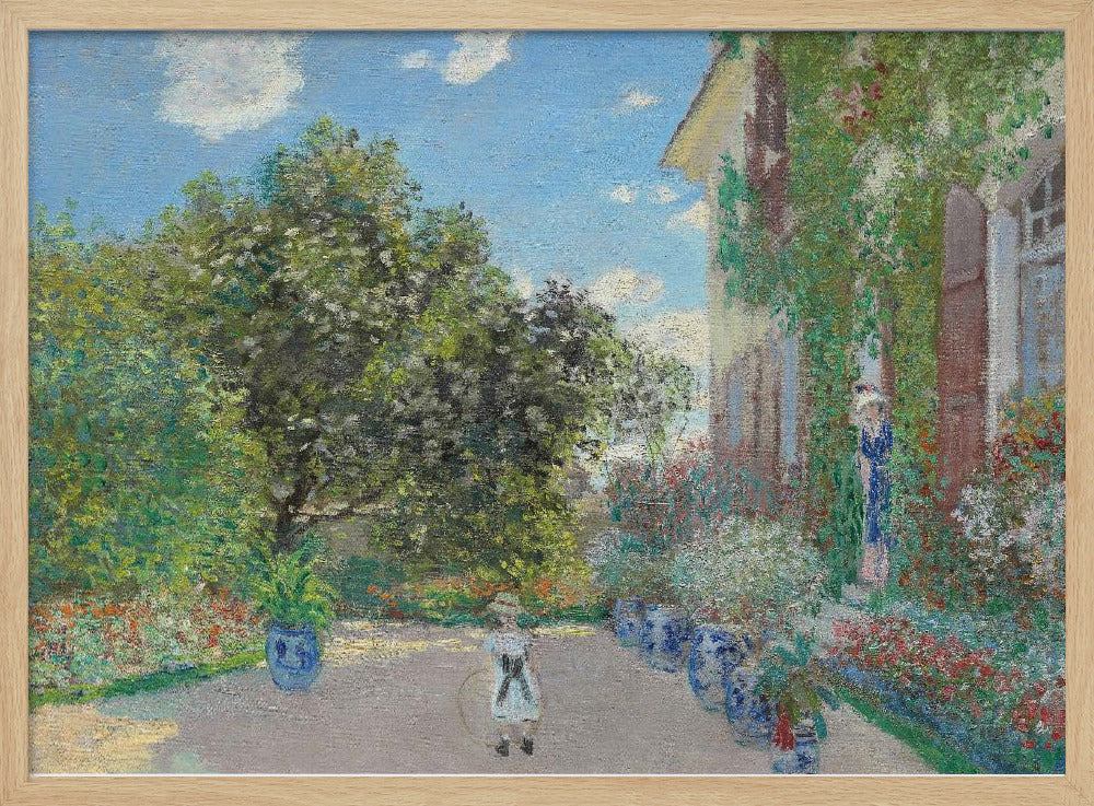 An Impressionist painting of a lush garden on a sunny day. A young girl with a hoop stands on a path lined with blue pots, leading to a vine-covered house where a woman stands in a doorway. Lush green trees and vibrant flowers fill the scene under a blue sky. Decor