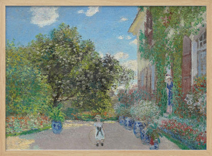 An Impressionist painting of a lush garden on a sunny day. A young girl with a hoop stands on a path lined with blue pots, leading to a vine-covered house where a woman stands in a doorway. Lush green trees and vibrant flowers fill the scene under a blue sky. Decor