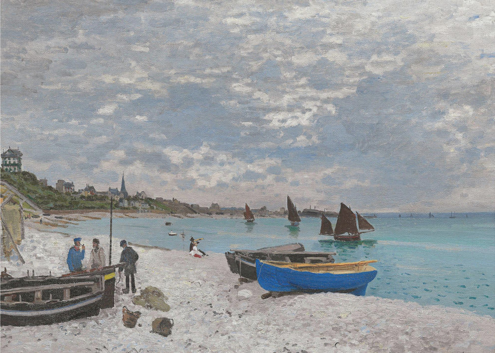 An impressionist painting of a coastal scene, 'The Beach at Sainte-Adresse' by Claude Monet. The artwork features a pebbled beach with several fishing boats pulled ashore, including a vibrant blue one in the foreground. People are scattered along the beach, and sailboats dot the turquoise water under a vast, cloudy sky. A town with a church steeple is visible along the coastline in the background. Wall Art