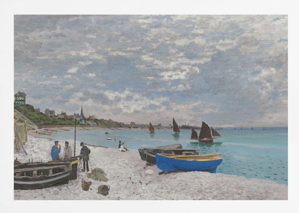 An impressionist painting of a coastal scene, 'The Beach at Sainte-Adresse' by Claude Monet. The artwork features a pebbled beach with several fishing boats pulled ashore, including a vibrant blue one in the foreground. People are scattered along the beach, and sailboats dot the turquoise water under a vast, cloudy sky. A town with a church steeple is visible along the coastline in the background. Wall Art