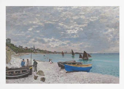 An impressionist painting of a coastal scene, 'The Beach at Sainte-Adresse' by Claude Monet. The artwork features a pebbled beach with several fishing boats pulled ashore, including a vibrant blue one in the foreground. People are scattered along the beach, and sailboats dot the turquoise water under a vast, cloudy sky. A town with a church steeple is visible along the coastline in the background. Wall Art