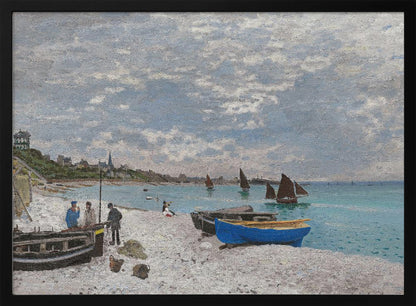 An impressionist painting of a coastal scene, 'The Beach at Sainte-Adresse' by Claude Monet. The artwork features a pebbled beach with several fishing boats pulled ashore, including a vibrant blue one in the foreground. People are scattered along the beach, and sailboats dot the turquoise water under a vast, cloudy sky. A town with a church steeple is visible along the coastline in the background. Wall Art