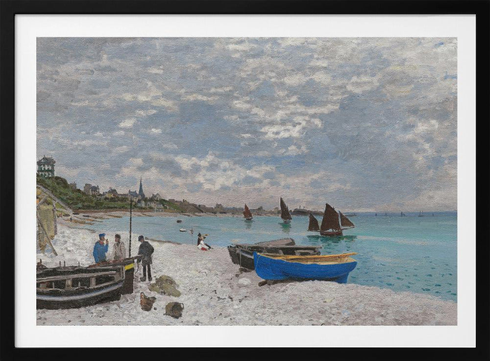 An impressionist painting of a coastal scene, 'The Beach at Sainte-Adresse' by Claude Monet. The artwork features a pebbled beach with several fishing boats pulled ashore, including a vibrant blue one in the foreground. People are scattered along the beach, and sailboats dot the turquoise water under a vast, cloudy sky. A town with a church steeple is visible along the coastline in the background. Wall Art