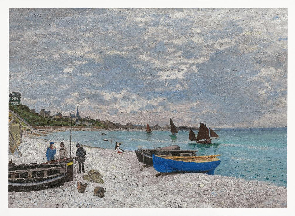 An impressionist painting of a coastal scene, 'The Beach at Sainte-Adresse' by Claude Monet. The artwork features a pebbled beach with several fishing boats pulled ashore, including a vibrant blue one in the foreground. People are scattered along the beach, and sailboats dot the turquoise water under a vast, cloudy sky. A town with a church steeple is visible along the coastline in the background. Wall Art