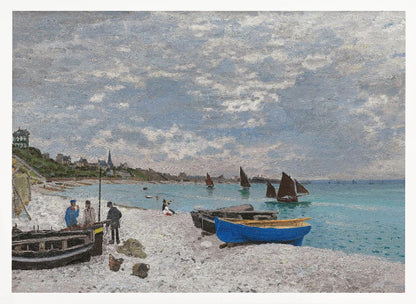 An impressionist painting of a coastal scene, 'The Beach at Sainte-Adresse' by Claude Monet. The artwork features a pebbled beach with several fishing boats pulled ashore, including a vibrant blue one in the foreground. People are scattered along the beach, and sailboats dot the turquoise water under a vast, cloudy sky. A town with a church steeple is visible along the coastline in the background. Wall Art