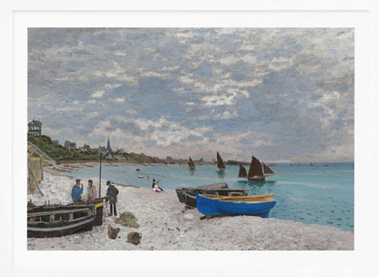 An impressionist painting of a coastal scene, 'The Beach at Sainte-Adresse' by Claude Monet. The artwork features a pebbled beach with several fishing boats pulled ashore, including a vibrant blue one in the foreground. People are scattered along the beach, and sailboats dot the turquoise water under a vast, cloudy sky. A town with a church steeple is visible along the coastline in the background. Wall Art