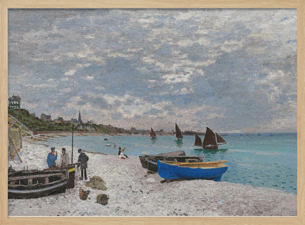 An impressionist painting of a coastal scene, 'The Beach at Sainte-Adresse' by Claude Monet. The artwork features a pebbled beach with several fishing boats pulled ashore, including a vibrant blue one in the foreground. People are scattered along the beach, and sailboats dot the turquoise water under a vast, cloudy sky. A town with a church steeple is visible along the coastline in the background. Wall Art