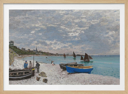 An impressionist painting of a coastal scene, 'The Beach at Sainte-Adresse' by Claude Monet. The artwork features a pebbled beach with several fishing boats pulled ashore, including a vibrant blue one in the foreground. People are scattered along the beach, and sailboats dot the turquoise water under a vast, cloudy sky. A town with a church steeple is visible along the coastline in the background. Wall Art