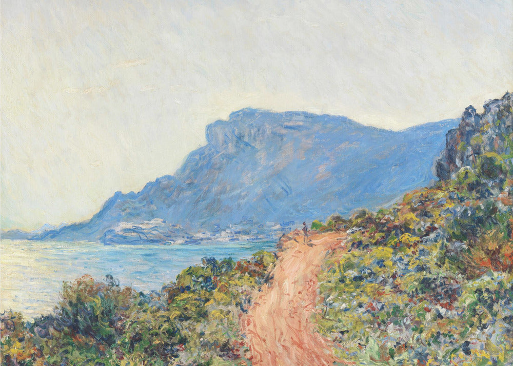 An impressionist painting of a winding terracotta path along a vibrant, green and yellow cliffside, overlooking a calm blue sea. In the background, a large, hazy blue mountain looms over a coastal town under a pale sky. Decor