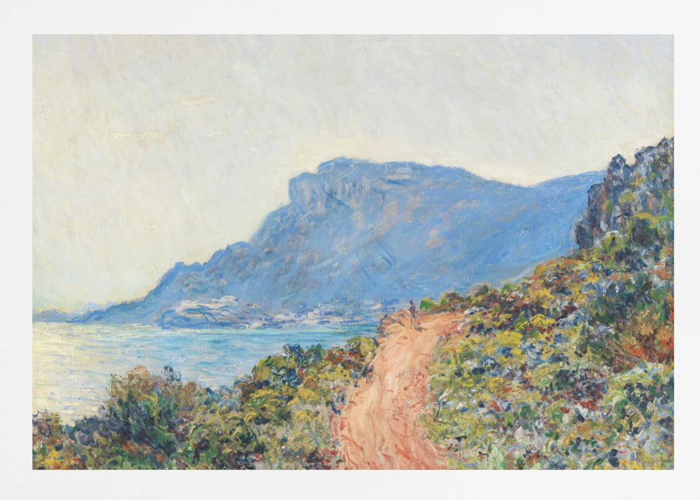 An impressionist painting of a winding terracotta path along a vibrant, green and yellow cliffside, overlooking a calm blue sea. In the background, a large, hazy blue mountain looms over a coastal town under a pale sky. Decor