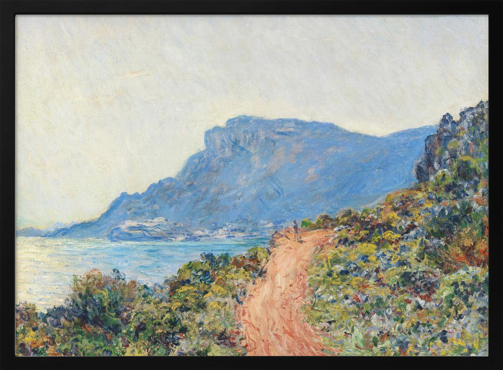 An impressionist painting of a winding terracotta path along a vibrant, green and yellow cliffside, overlooking a calm blue sea. In the background, a large, hazy blue mountain looms over a coastal town under a pale sky. Decor