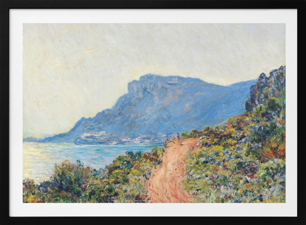 An impressionist painting of a winding terracotta path along a vibrant, green and yellow cliffside, overlooking a calm blue sea. In the background, a large, hazy blue mountain looms over a coastal town under a pale sky. Decor