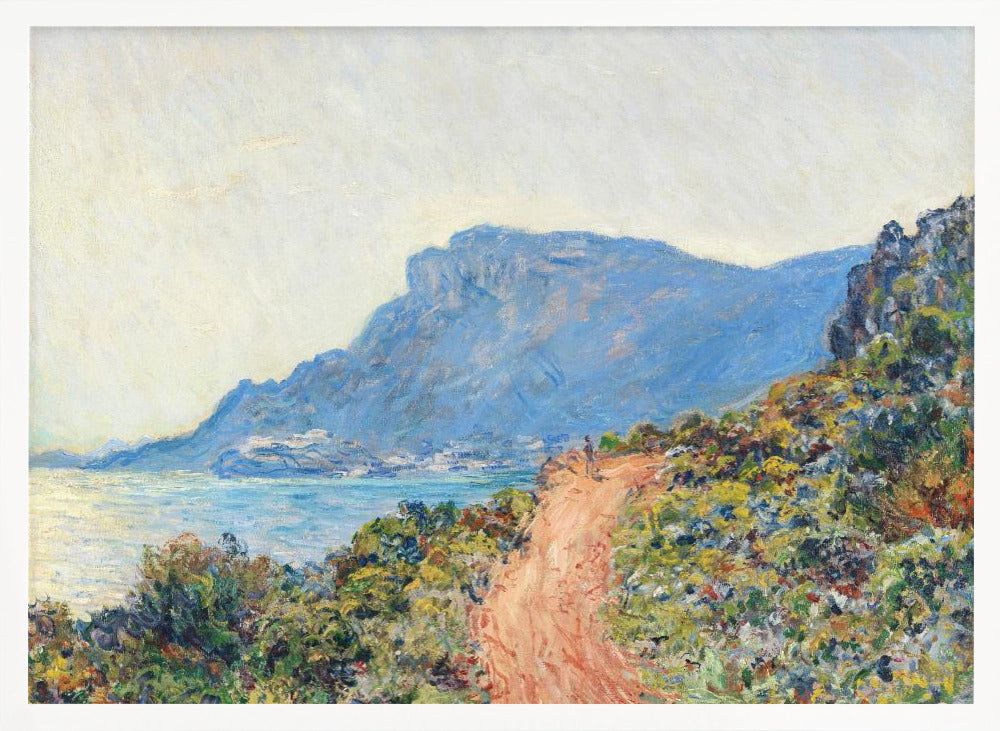 An impressionist painting of a winding terracotta path along a vibrant, green and yellow cliffside, overlooking a calm blue sea. In the background, a large, hazy blue mountain looms over a coastal town under a pale sky. Decor