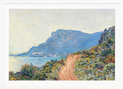 An impressionist painting of a winding terracotta path along a vibrant, green and yellow cliffside, overlooking a calm blue sea. In the background, a large, hazy blue mountain looms over a coastal town under a pale sky. Decor