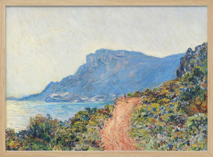 An impressionist painting of a winding terracotta path along a vibrant, green and yellow cliffside, overlooking a calm blue sea. In the background, a large, hazy blue mountain looms over a coastal town under a pale sky. Decor