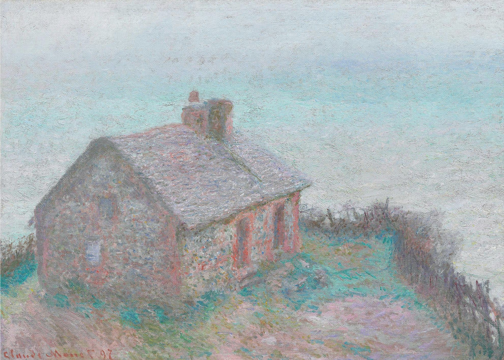An impressionist painting of a stone cottage on a grassy hill against a pale, hazy sky. The artwork is characterized by its textured, pointillist brushwork and a soft, muted color palette of greys, pale blues, pinks, and greens, creating a serene and atmospheric scene. The painting is displayed in a modern silver frame. Decor