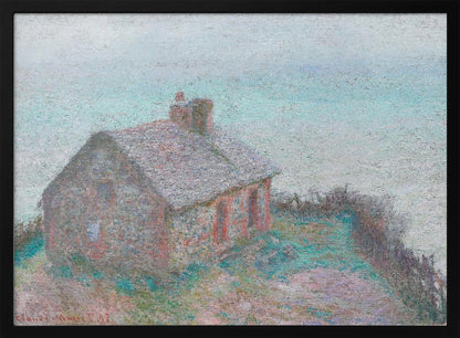 An impressionist painting of a stone cottage on a grassy hill against a pale, hazy sky. The artwork is characterized by its textured, pointillist brushwork and a soft, muted color palette of greys, pale blues, pinks, and greens, creating a serene and atmospheric scene. The painting is displayed in a modern silver frame. Decor