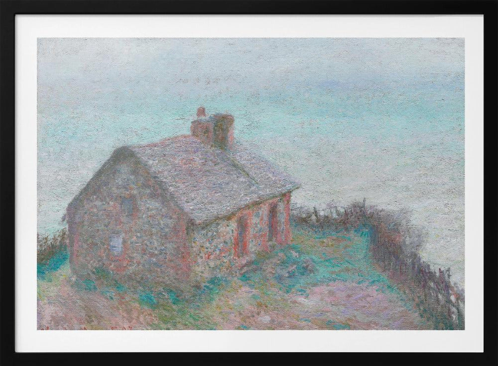 An impressionist painting of a stone cottage on a grassy hill against a pale, hazy sky. The artwork is characterized by its textured, pointillist brushwork and a soft, muted color palette of greys, pale blues, pinks, and greens, creating a serene and atmospheric scene. The painting is displayed in a modern silver frame. Decor